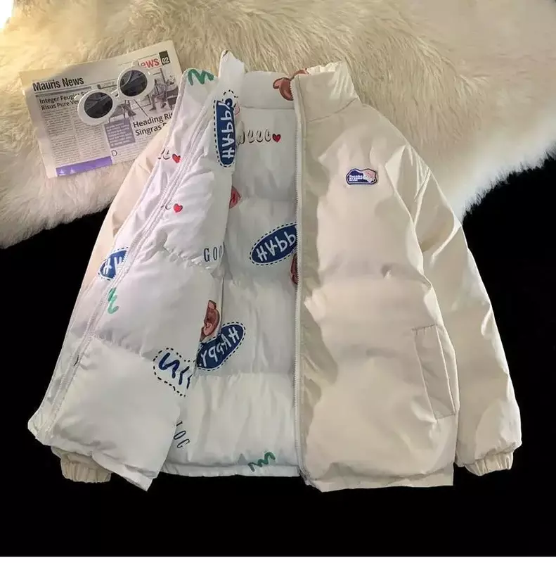 Jaket berbantalan dua sisi Y2K, jaket katun longgar bantalan hangat dipertebal untuk musim dingin 2023