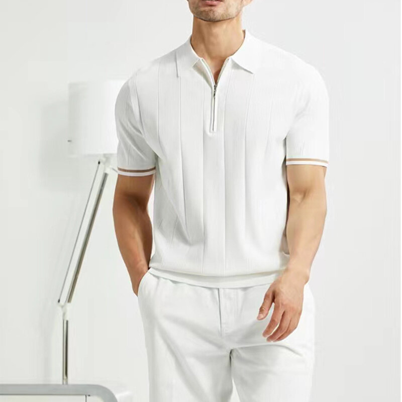 Рубашка-поло мужская с отложным воротником, модная деловая Повседневная блуза свободного кроя с вертикальными полосками, тонкая с короткими рукавами, лето 2024