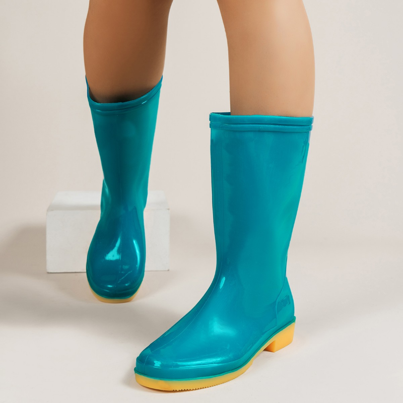 Bottes de pluie mi-mollet à talon épais pour femmes, chaussures à plateforme non ald imperméables, bottes rondes pour femmes, extérieur, mode automne 2023