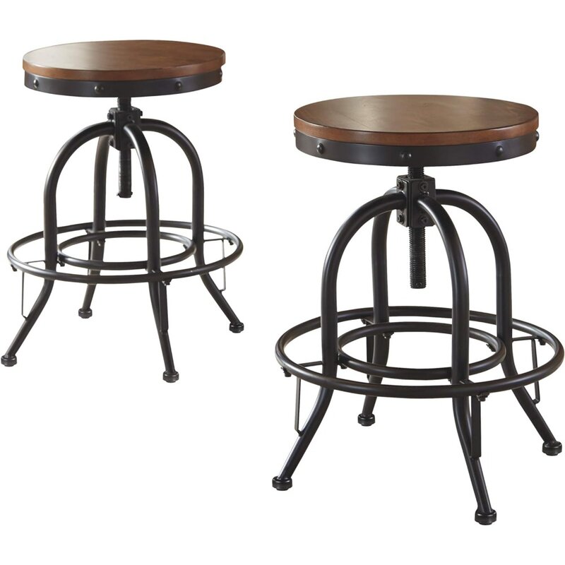 Industrial adjustable height rotating bar stool, 2-piece set of 17.5 inches deep x 17.5 inches wide x 24 inches high