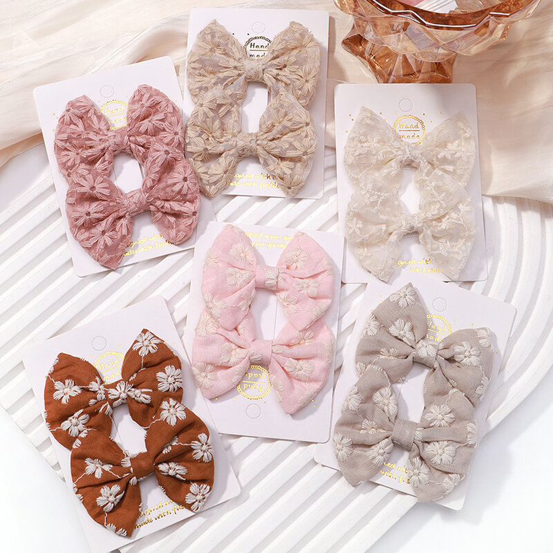 2Pcs/set Bows for Girls Hair Pins Embroidery Printing Hair Clips Solid Color Bowknot Handmade Barrettes Kids Hair Accessories