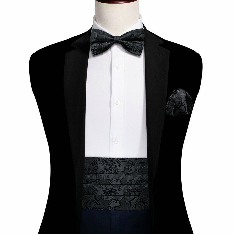 Exquisite Black Silk Cummerbund Men Formal Floral Bowtie Pocket Square Cufflinks Sets Business Party Designer Gifts Barry.Wang