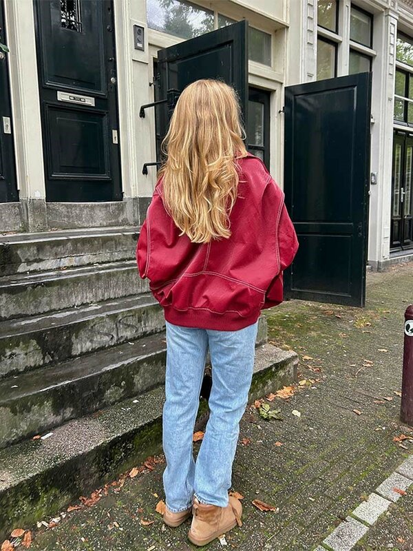 Frauen schicke Kontrast nähte rote Jacke Mode Revers Langarm Ledermantel mit Reiß verschluss 2023 Herbst weibliche elegante Streetwear
