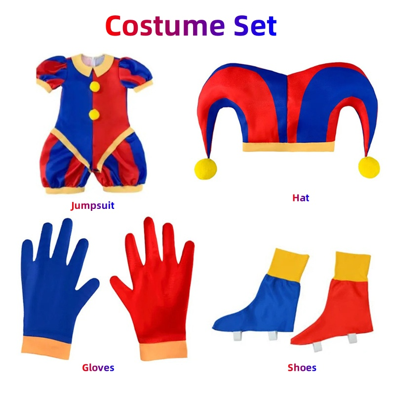 The Amazing kostum Cosplay Pomni Digital sirkus topi Jumpsuit Bodysuit manusia untuk anak-anak dewasa kostum kartun Cos