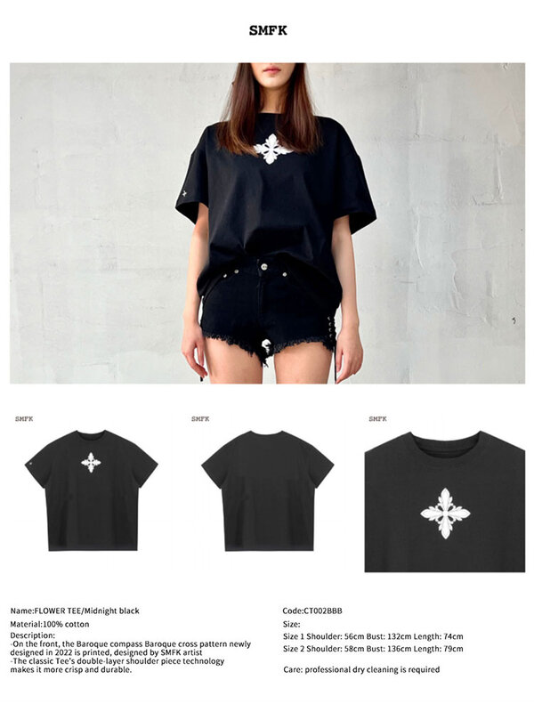 SMFK-camiseta negra básica de manga corta con estampado de flores cruzadas para mujer, Top suelto informal de verano, camisetas de manga corta con cuello redondo