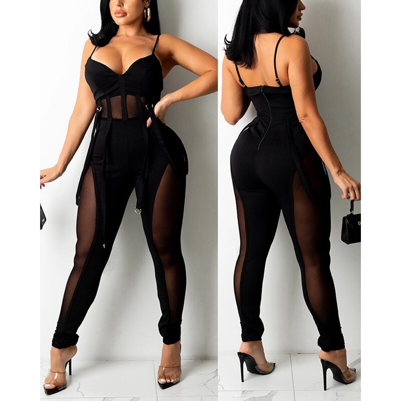 Women Contrast Sheer Mesh Sexy Jumpsuit Spaghetti Strap Backless Tassel Design Black Skinny Jumpsuits One-Piece Party Outfit