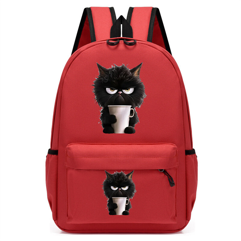 Cute Black Cat Backpack para meninos e meninas, Mochila dos desenhos animados, Bolsa de escola, Amor, Café, Animal, Leisure Bagpack, Anime Bookbag, Outing