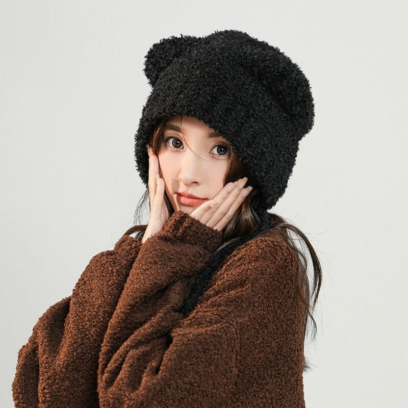 Шапка-бини Y2K для женщин, зимняя теплая вязаная шапка с защитой ушей, однотонная Осенняя трикотажная шапка унисекс