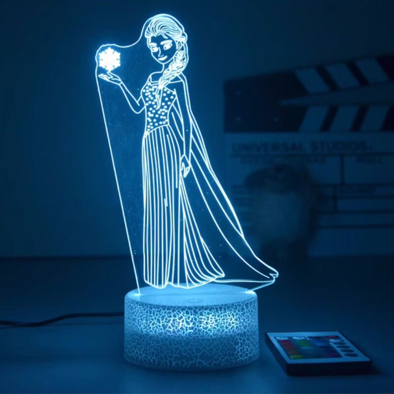 공주 시리즈 3D 야간 조명, 색상 변경 야간 램프, 밝기 조절 LED 조명, 리모컨 공주 장난감, 어린이 선물, 16 색