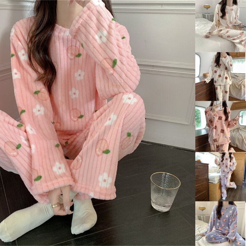 Pijamas femininos lã coral flanela pijamas macios conjunto pijamas inverno quente loungewear