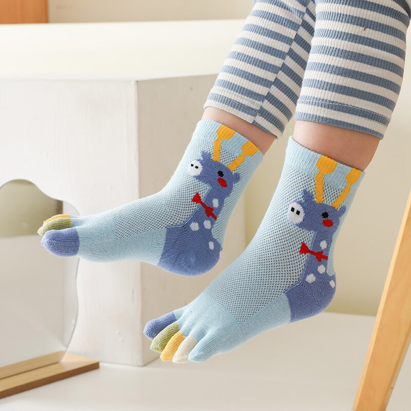 5 Paare Kinder Cartoon dünne Baumwolle fünf Finger Socken Sommer Mesh niedlichen Giraffe Tier Socken mit Zehen für Baby Jungen Mädchen Geschenk