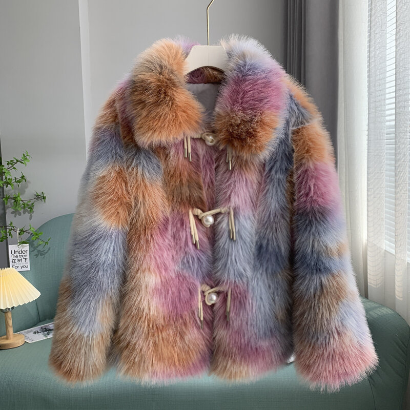Женское меховое пальто средней длины на пуговицах с жемчугом, женская верхняя одежда, модное меховое пальто Casaco 2022, зимняя новая куртка из искусственного лисьего меха, Женское пальто