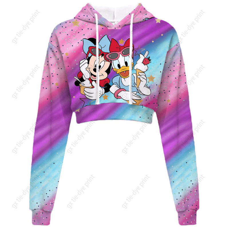 Disney Minnie Mickey Mouse Print Sweatshirts Hoodies Fashion Casual Women O-Neck Clothing Sexy Crop Streetwear Y2K