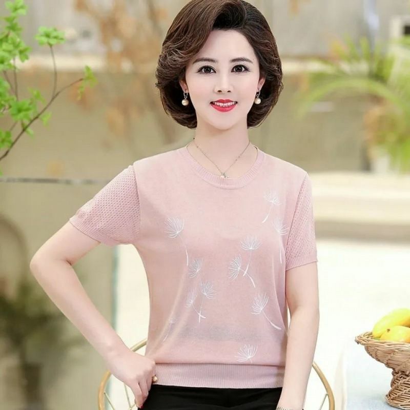 Elegant O-Neck Printing Knitted Short Sleeve T-Shirt Women's Clothing 2024 Summer New Loose Casual Tops Commute Tee Shirt