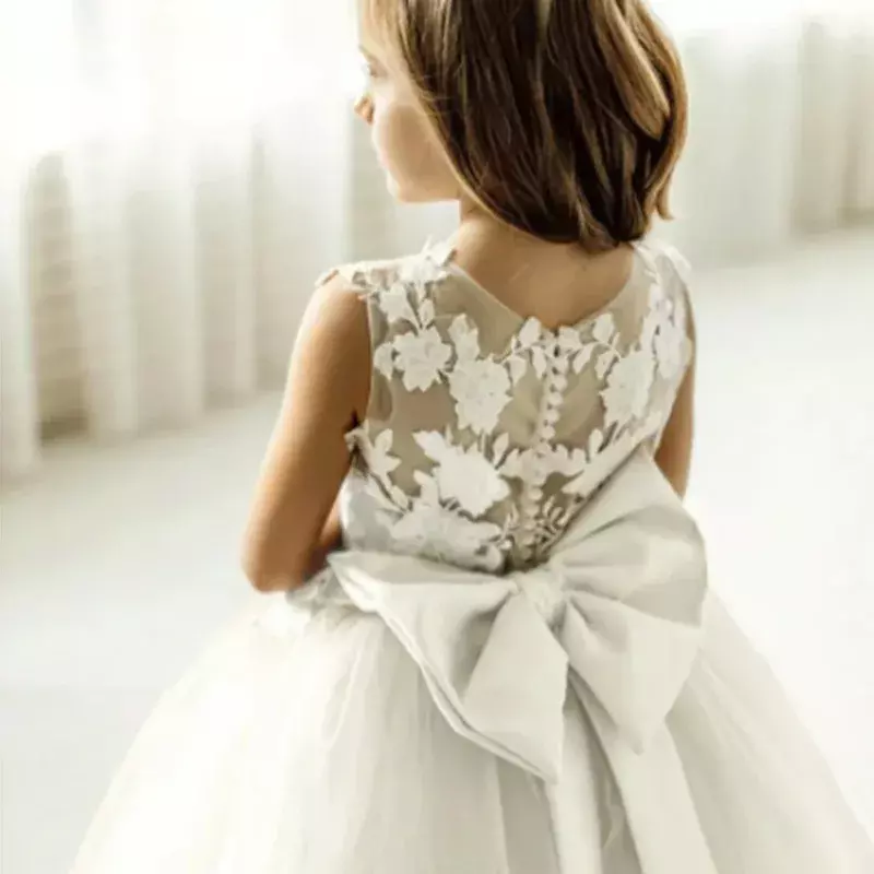 Tulle Puffy Flower Girl Dress Appliques Bow with Detachable Tail Princess Baby Girl Birthday Party First Communion Wedding Gown