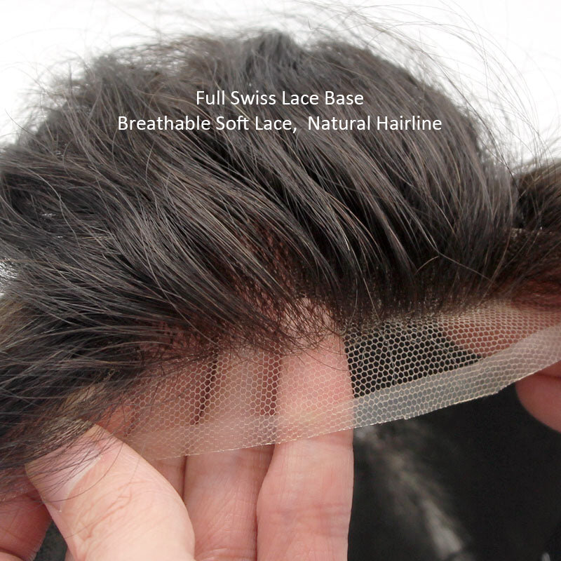 Rambut palsu pria renda Swiss prostesis bantu pria rambut manusia tembus udara wig rambut manusia renda penuh simpul diputihkan rambut alami