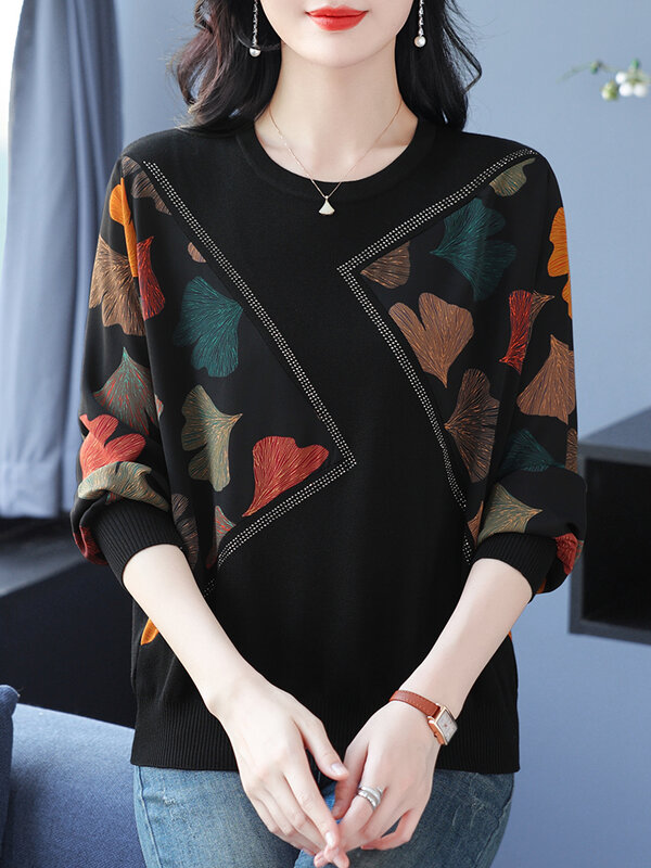 Camisola feminina de manga comprida gola O, pulôver moda coreana, suéteres de malha, roupas primavera e outono