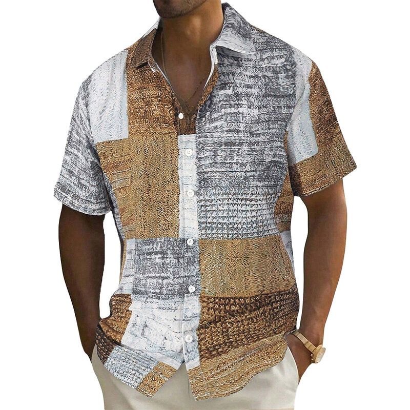 Camisa de poliéster confortável manga curta masculina, blusa de colarinho diário, vestido para festa de férias, moda confortável