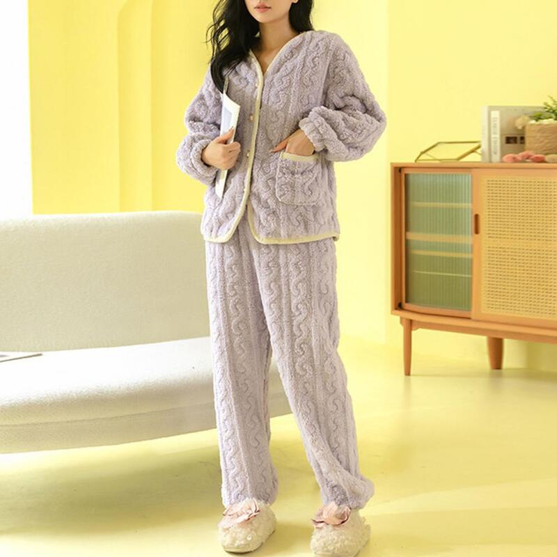 Women Pajama Set Cozy Winter Pajamas Set for Women Plush V Neck Coat Loose Pants Homewear Suit Winter Homewear Set