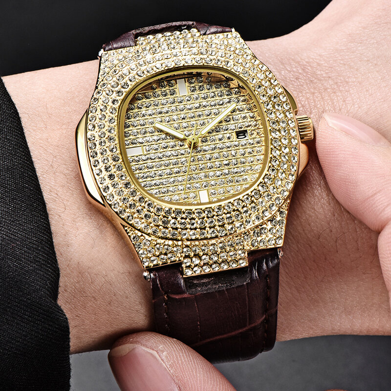 Relógio de quartzo de diamante gelado masculino, relógios de pulso de luxo, relógio masculino, pulseira de couro, moda