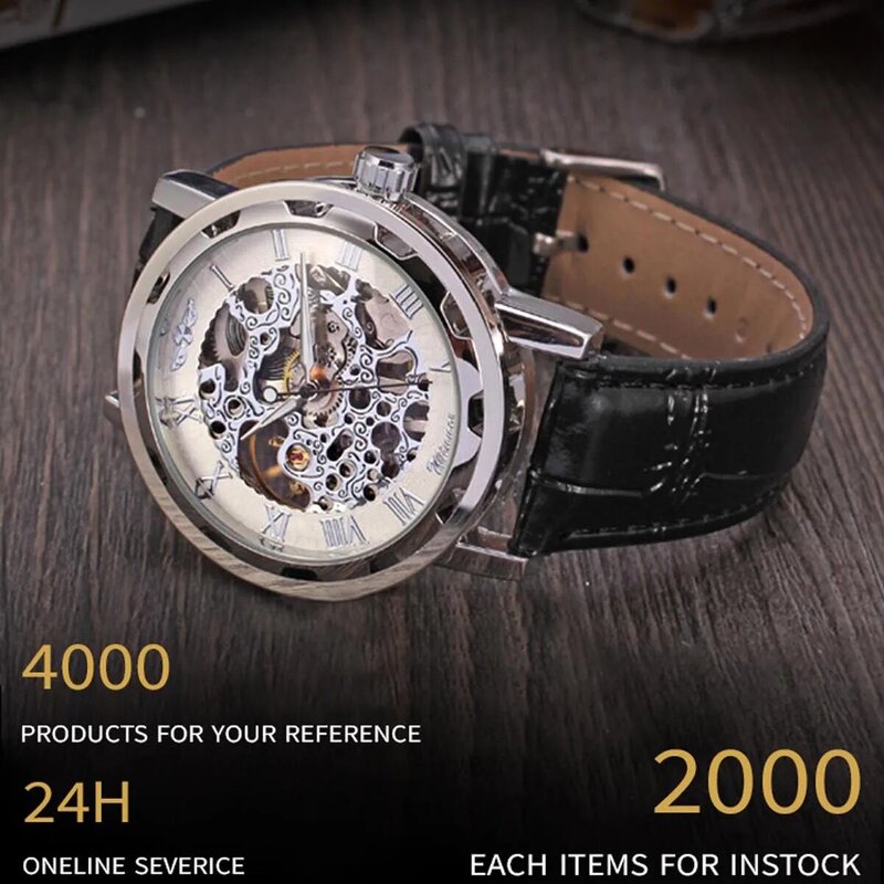 Luxury Royal-Skeleton Design Men Watches Waterproof Hand Wind Luminous Pointer Leather Men'S Winner Quartz Wrist Watches