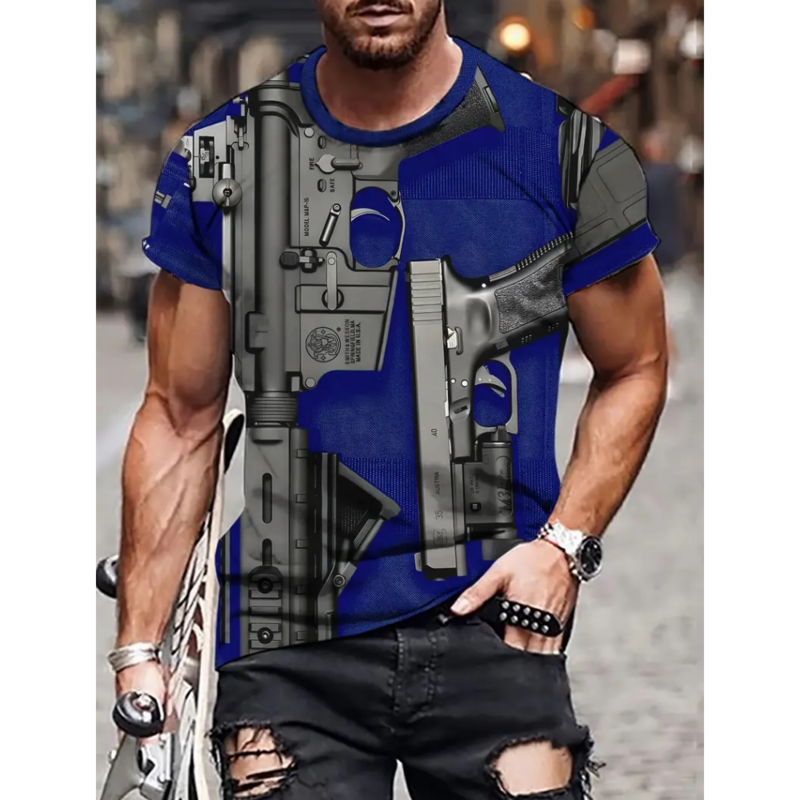 Men's T-Shirt Retro Gun Summer 3d Print High Street Men Clothing Gun T Shirt For Men Mechanical Casual Short Sleeves Top Tee