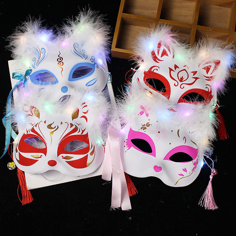 Máscara de zorro de Anime pintada a mano de plástico de media cara, máscaras de ojo de pluma de gato, fiesta de Mascarada, accesorios de Cosplay, festival, regalos para niños, Juguetes