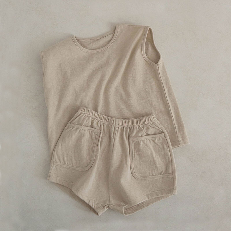 ชุดเสื้อกล้ามกางเกงขาสั้นสำหรับเด็กทารกชายชุดสองชิ้นเสื้อกั๊กผ้าคอตตอนสีพื้นผ้าคอตตอน100% สำหรับฤดูร้อน