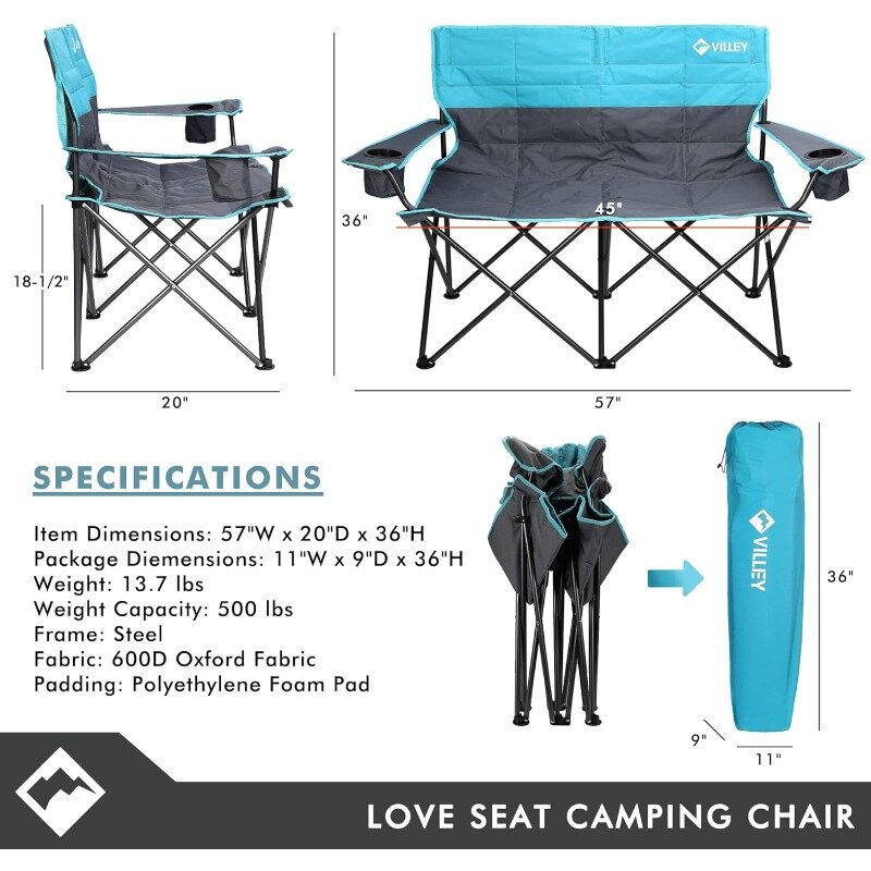VILLEY doppia sedia da campeggio, divanetto Extra largo, divano da campeggio imbottito per impieghi gravosi, sedia da campeggio pieghevole portatile con trasporto