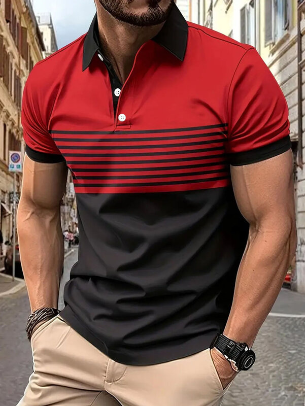 Рубашка-поло мужская с коротким рукавом, Повседневная футболка в полоску, с отложным воротником, для гольфа, европейские размеры, на лето