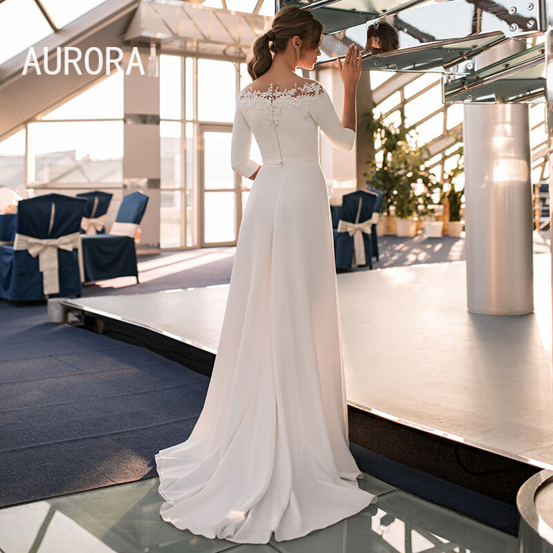 3/4 Sleeve O-Neck Wedding Dress 2024 A-Line Lace Appliques Satin Civil Bridal Gown For Women Robe De Mariee vestido de novia