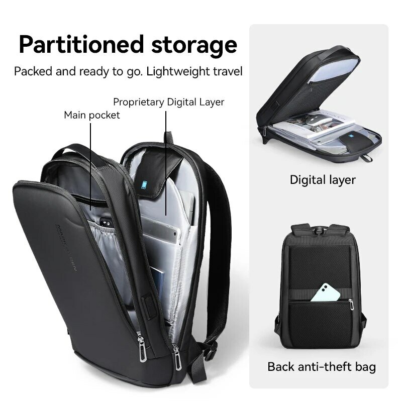 MARK RYDEN-mochila delgada para ordenador portátil para hombre, morral minimalista de negocios con cremallera YKK, resistente a los arañazos y con USB