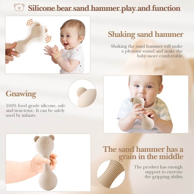 Sonagli per bambini Maracas in Silicone giocattoli Cartoon Bear Sand Hammer giocattoli per bambini 0-12 mesi sonaglio giocattoli massaggiagengive in Silicone per regalo per bambini