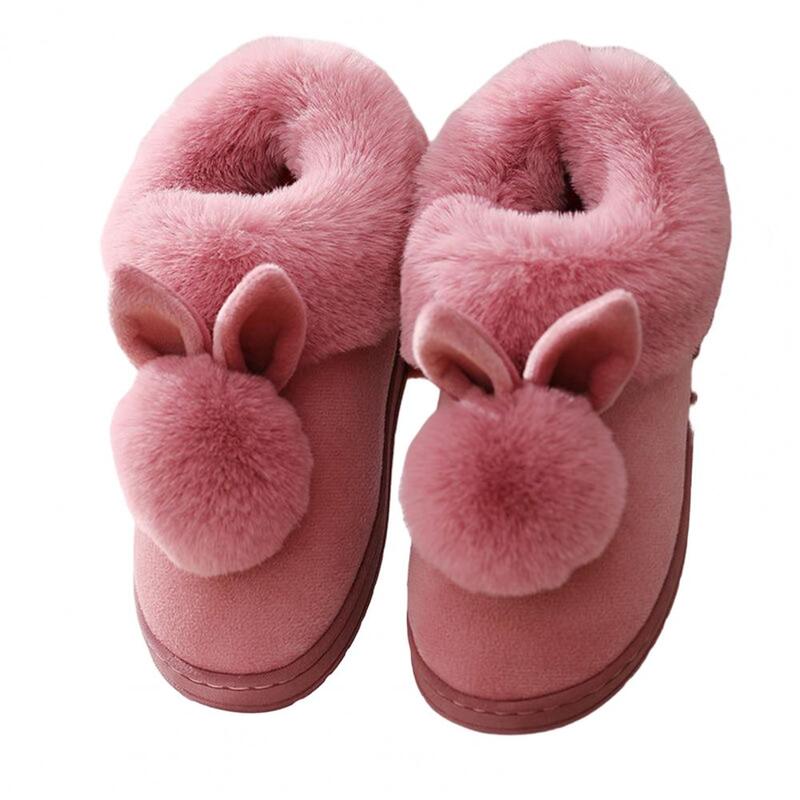 女性用の厚手の柔らかい靴底スリッパ,女性用の豪華なスリッパ,綿の毛皮,ウサギの耳,冬用