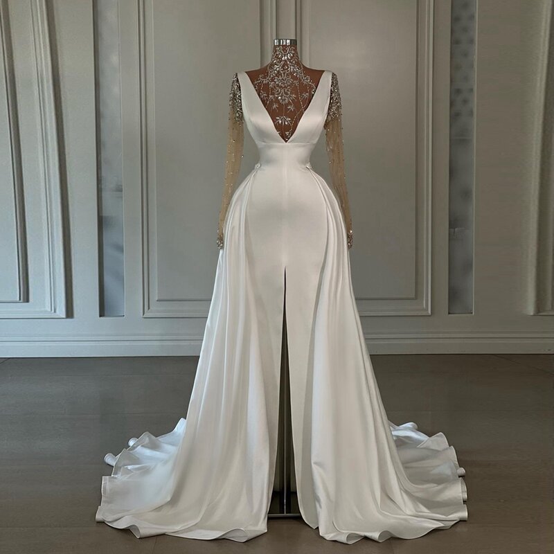 See Thru Crystal Flowers Wedding Dresses Glitter Beaded Satin A Line Wedding Party Gowns Sexy Illusion Taffeta Bridal Dress