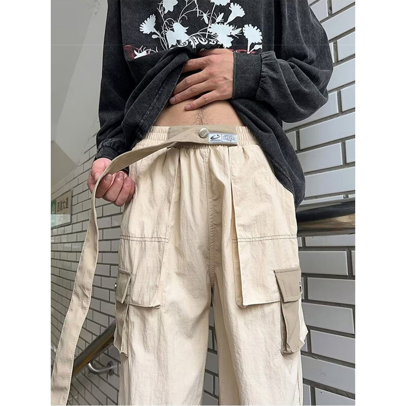 Брюки-карго мужские с поясом на резинке, винтажные уличные штаны с широкими штанинами, мешковатые модные брюки в стиле хип-хоп, Y2K, осень