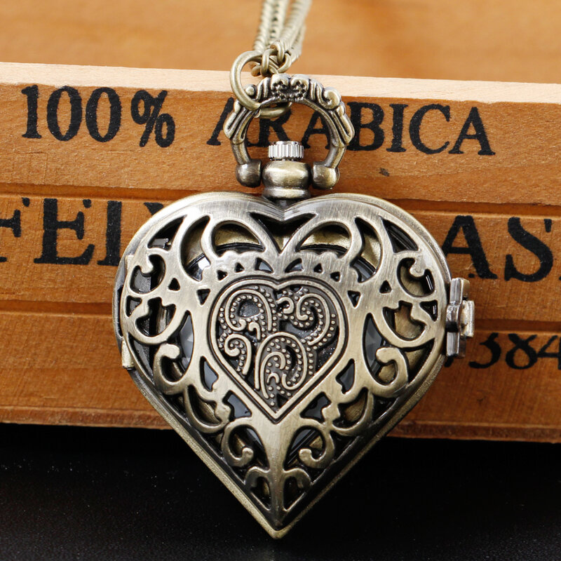 Relojes de bolsillo en forma de corazón de amor de bronce antiguo, reloj de cuarzo colgante con collar de 80cm, cadena de regalo