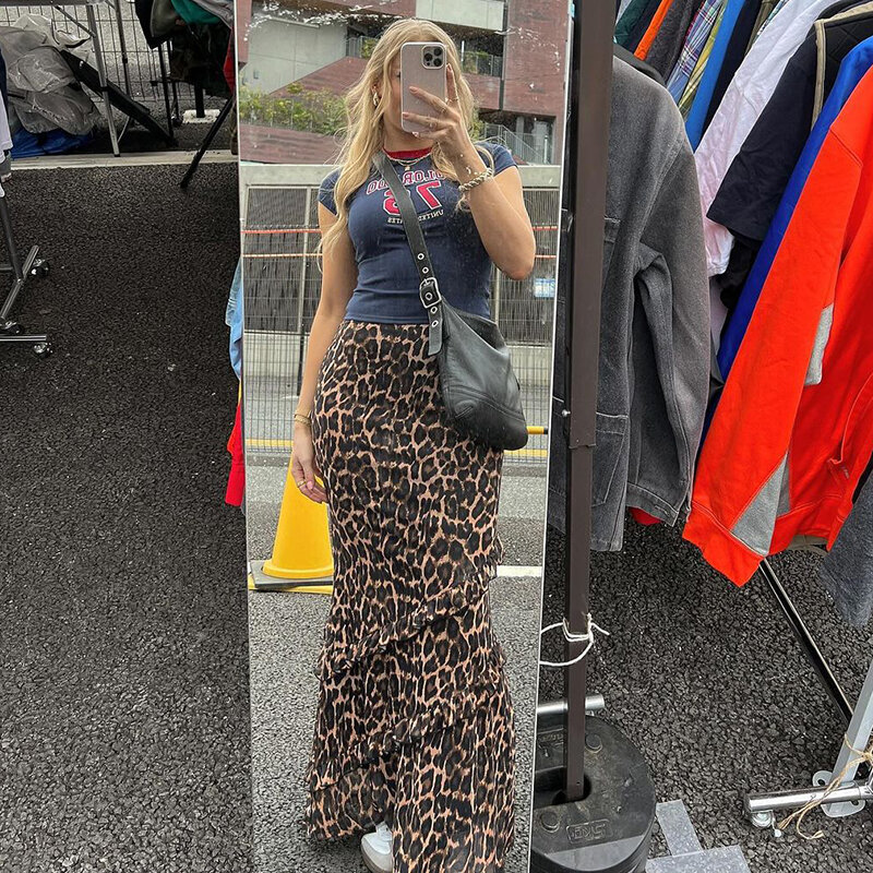 Fashion Leopard Print Maxi Skirt Woman High Waist Ruffle Long Skirts Summer Elegant Mesh Mermaid Skirt