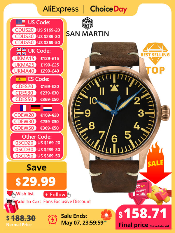 San Martin 41mm Cusn8 Bronze Relógio Piloto NH35 Homens Mecânicos Automáticos Relógios Militar Simples Sapphire 10Bar Relojes Couro