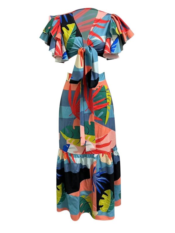 LW Mixed Print Bandage Ruffle Design Skirt Set for Women Summer Pattern Short Sleeve V Neck Crop Tops & Ankle Length Skirt Suit