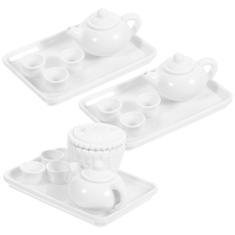 3 Sets Dollhouse Tea Set Accessories Mini Tea Cups Miniature Tea Tray