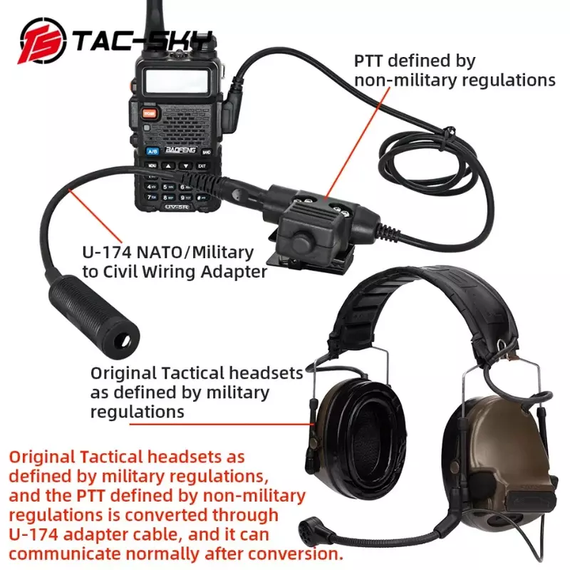 TS TAC-SKY Tactical Headset Adapter U-174 Military To Civilian Cable for Pelto Comtac/msaSordin/tci Liberator