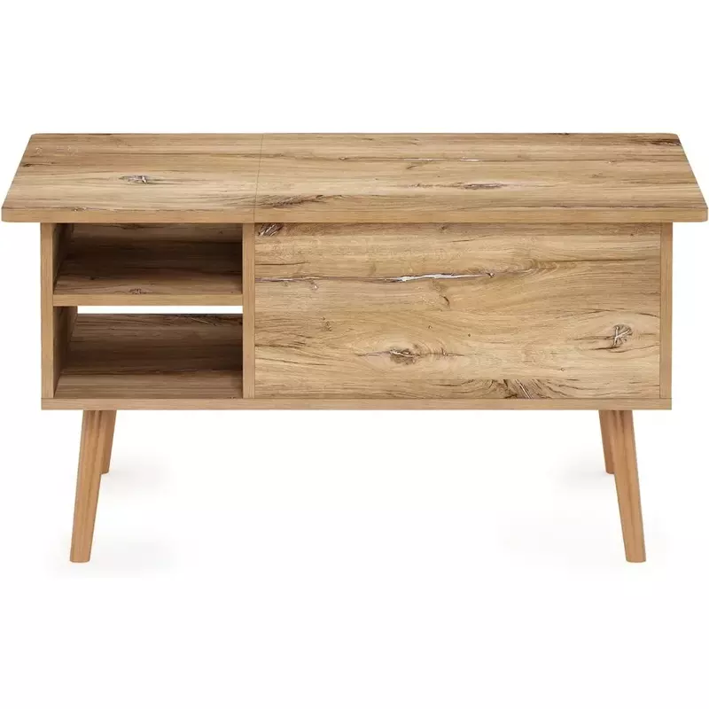 Wooden leg-raised top coffee table with hidden compartment and side-open living room storage shelves