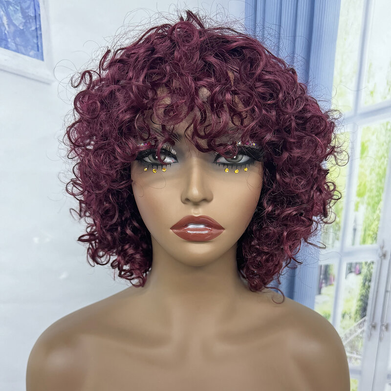 Wig rambut manusia gelombang air merah anggur 99J dengan poni 200% ketebalan Wig keriting Bob mesin penuh Wig dibuat untuk WANITA HITAM 12 inci
