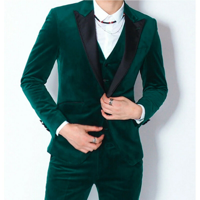 Dark Green Velvet Men Suits for Party Slim fit 3 Piece Black Peaked Lapel Wedding Groom Tuxedo Custom Man Fashion Clothes Set