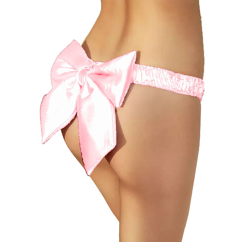 Women Sexy Thong Satin Bow Tie Panties Low Rise Hight Cut Underwear T-back Smooth Knickers Cute Seduction Erotic Lingerie