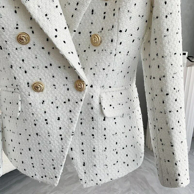 Blazer formal xadrez branco para mulheres, botão duplo, casaco fino, desgaste do trabalho de negócios, jaqueta senhora do escritório, terno elegante para mulher