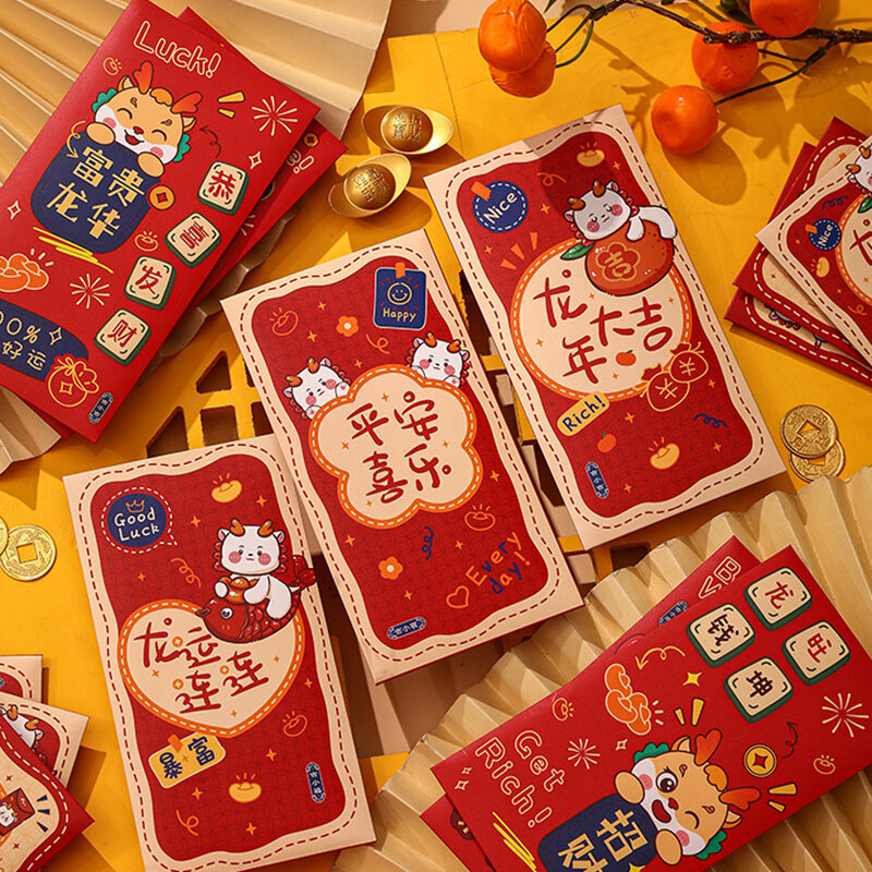 漫画のドラゴンバッグの中国の年,かわいいドラゴンのパターン,ラッキーなお金のバッグ,宴会,赤,6個