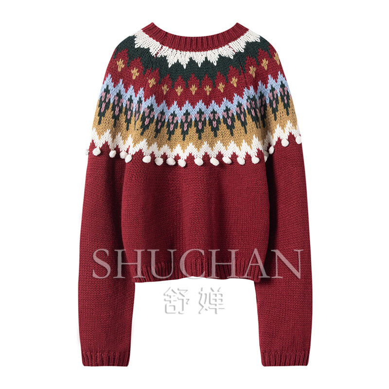 Świąteczny sweter czerwona z dzianiny zimowy festiwal koszula z okrągłym dekoltem w stylu Vintage 100% kaszmirowy pulower gruby sweter luźny krój