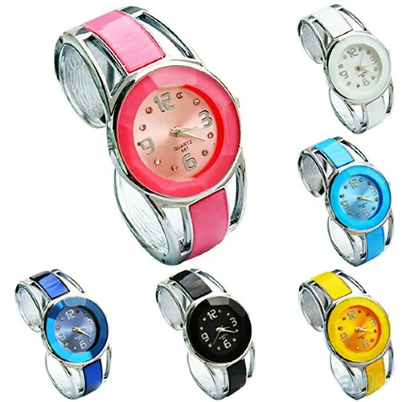 Reloj de pulsera con caja redonda analógica de cuarzo para mujer, pulsera con extremo abierto, a la moda, gran oferta